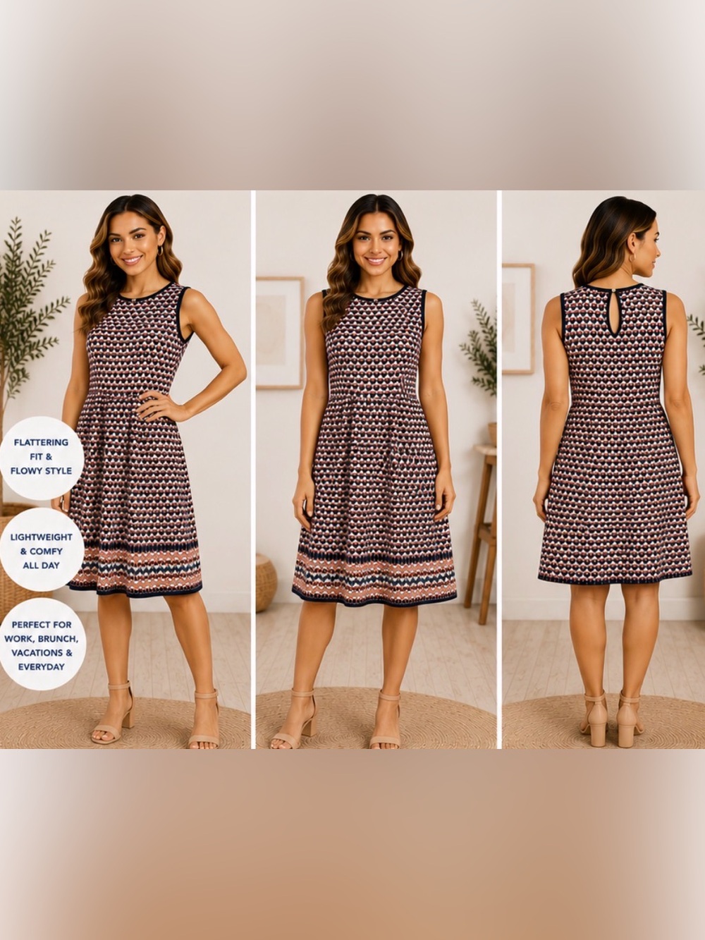 ⚡️486 Max Studio Geometric Print Sleeveless Fit & Flare Dress Navy Coral White M